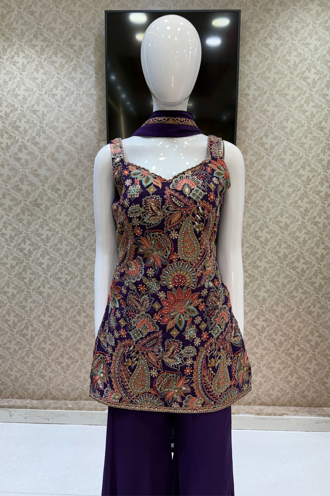 Purple Multicolor Embroidery, Sequins and Zari work Palazzo Salwar Suit