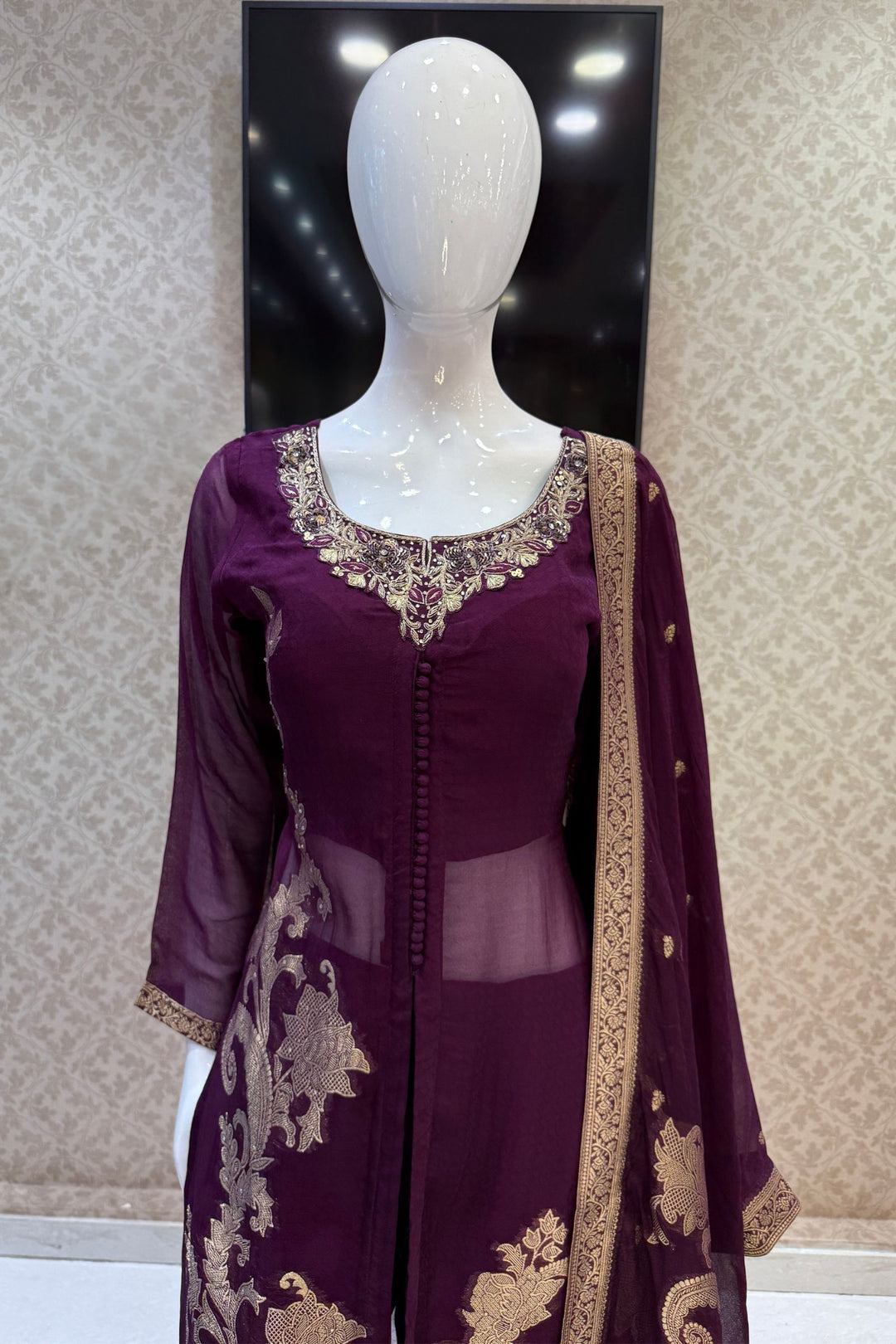 Purple Banaras, Stone, Zardozi, SEquins, Beads and Zari work Straight Cut Salwar Suit