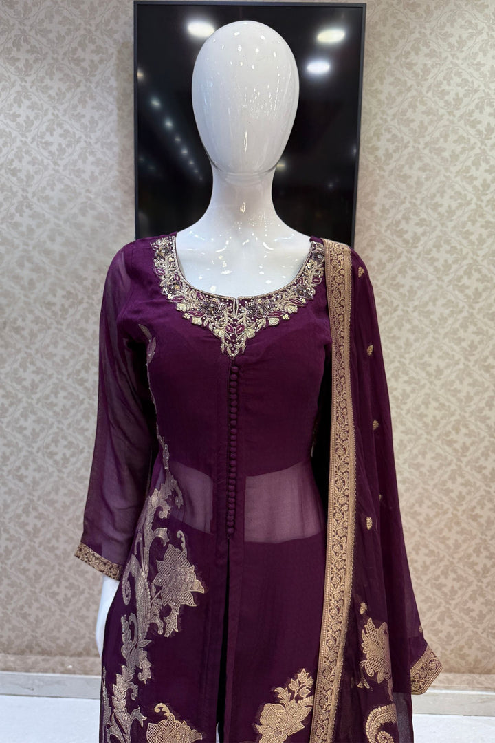 Purple Banaras, Stone, Zardozi, SEquins, Beads and Zari work Straight Cut Salwar Suit