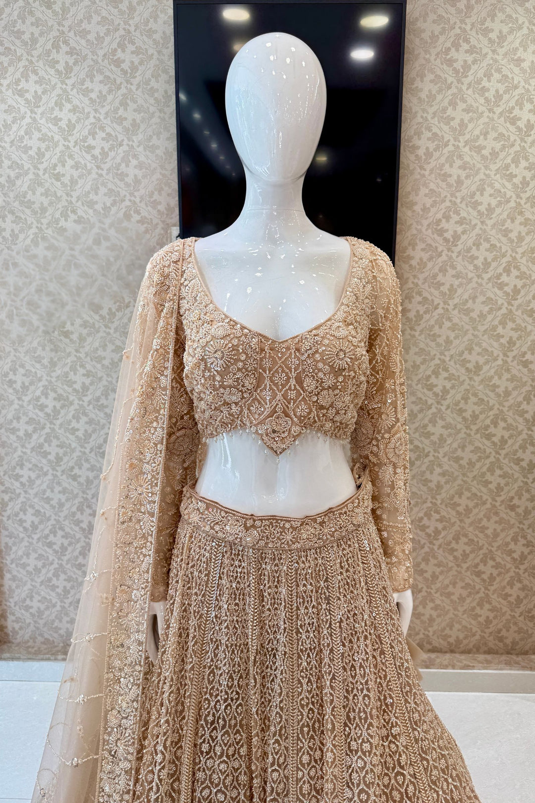 Gold Beads and Sequins work Crop Top Designer Bridal Lehenga