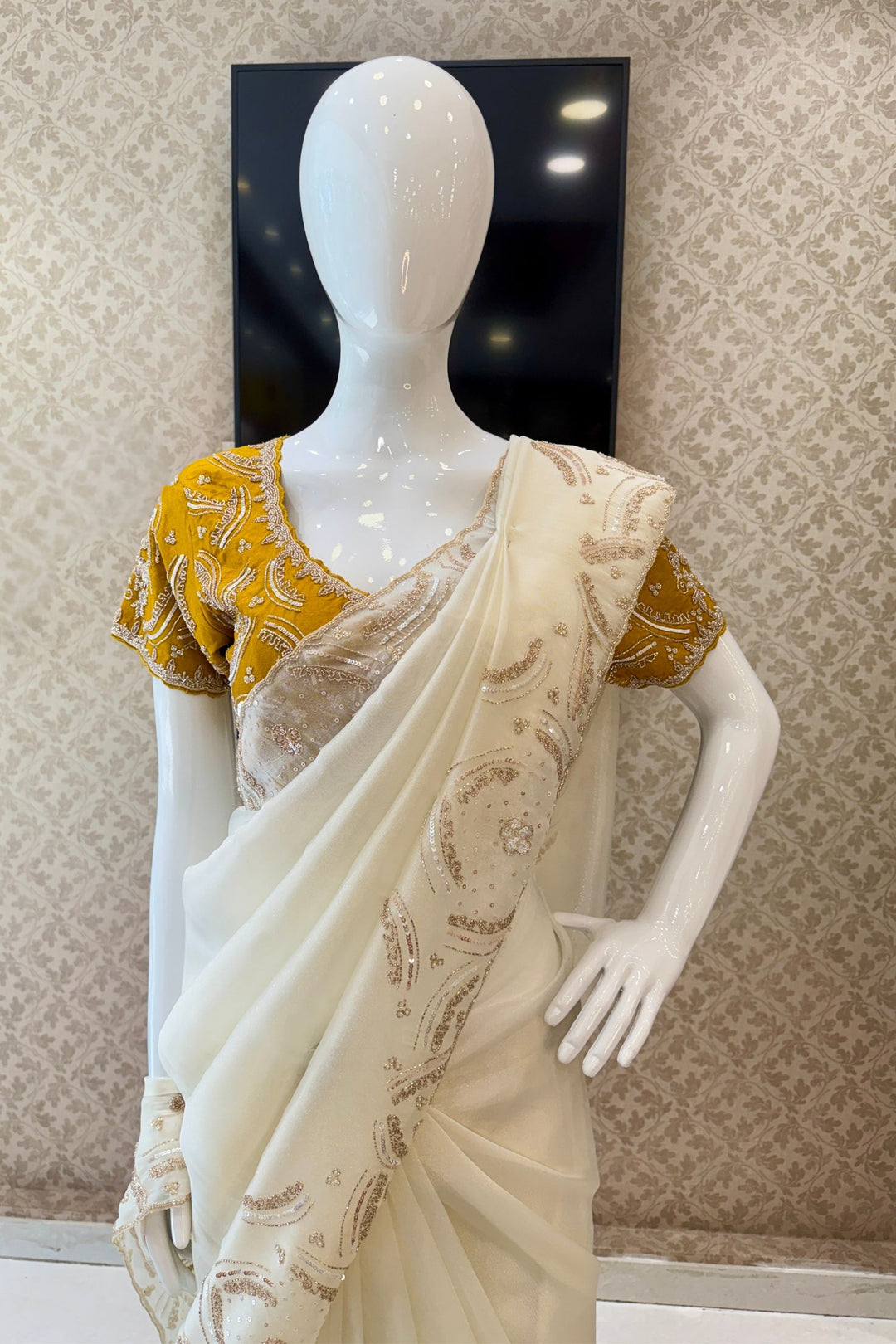 Half White Beads, Sequins and Thread work Saree