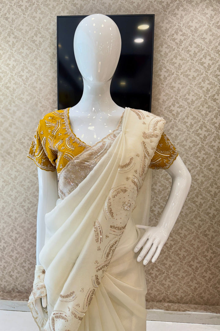 Half White Beads, Sequins and Thread work Saree