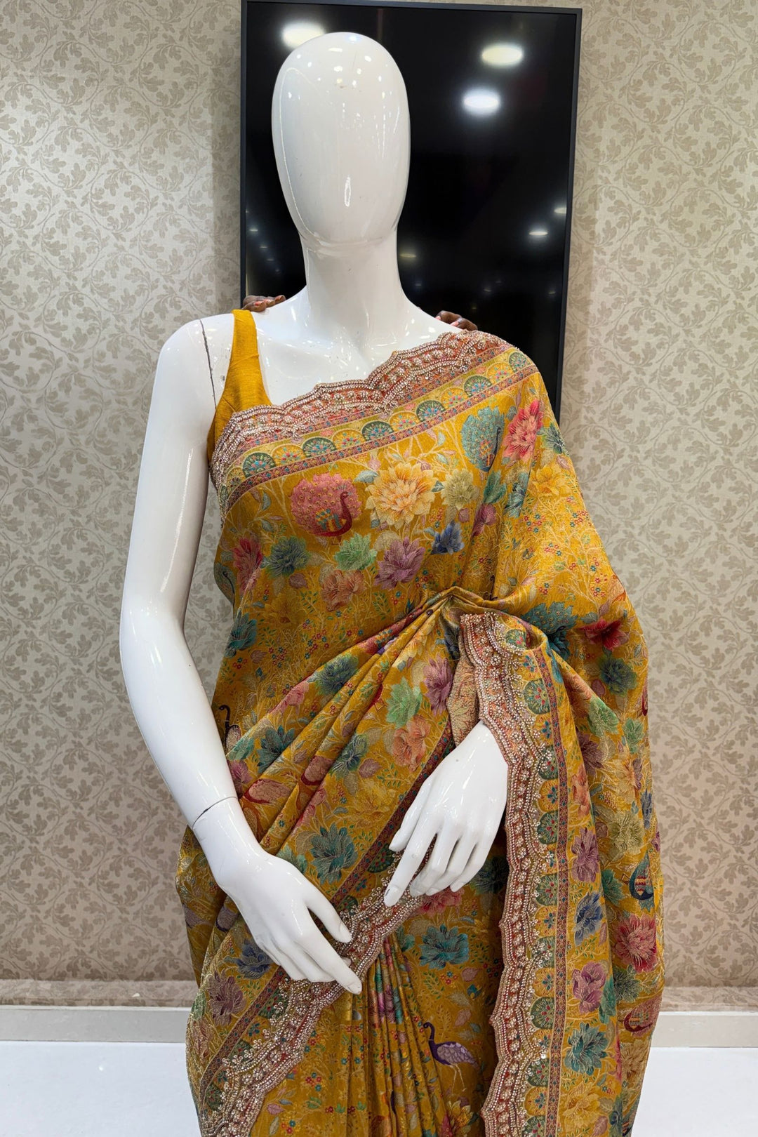 Mustard Saree Featuring Floral Banaras, Pearl, Beads and Sequins work