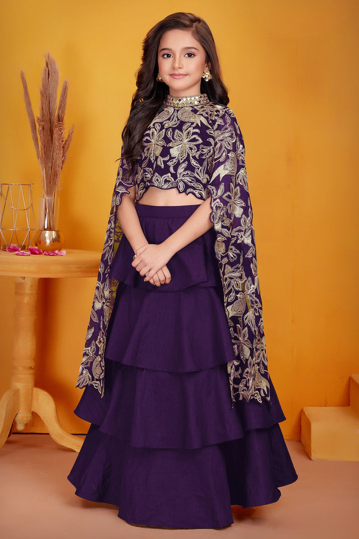 Wine Zari, Sequins, Beads, Mirror and Stone work Lehenga Choli for Girls