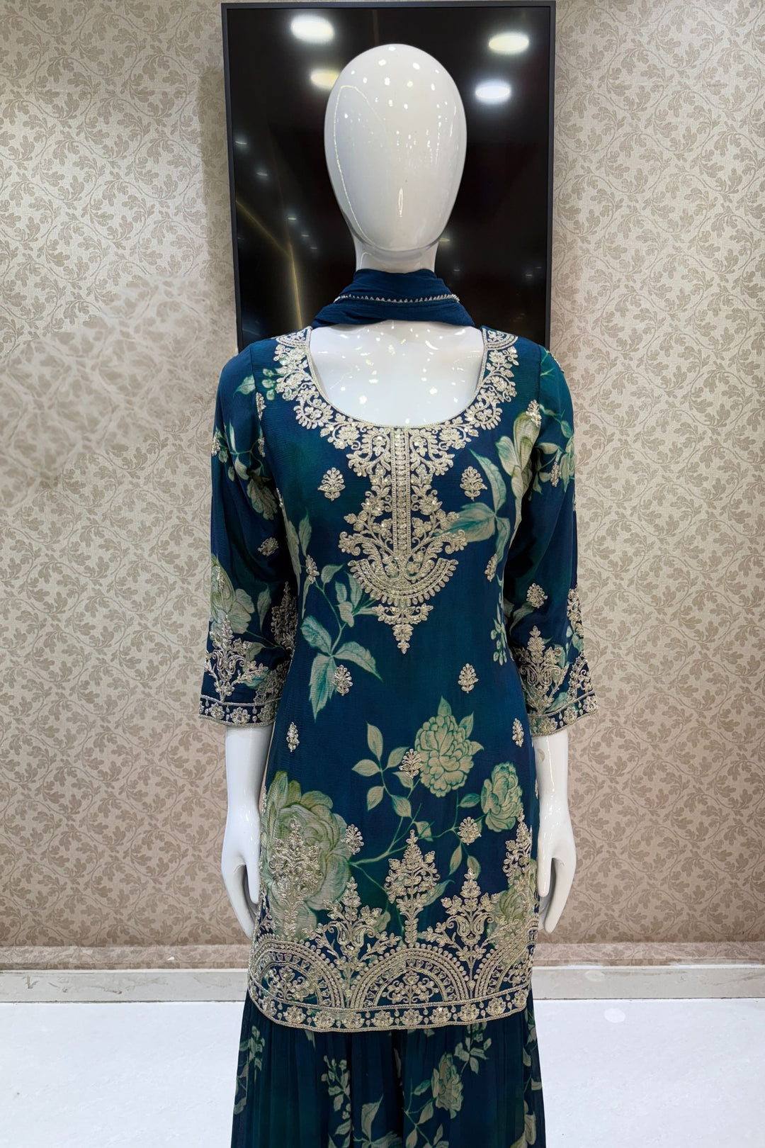 Peacock Blue Sequins and Zari work with Floral Print Sharara Salwar Suit