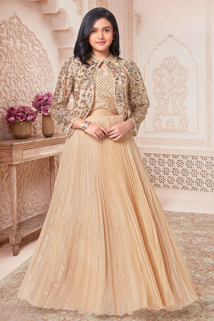 Gold Sequins, Beads, Stone and Thread work Jacket Styled Lehenga Choli for Girls