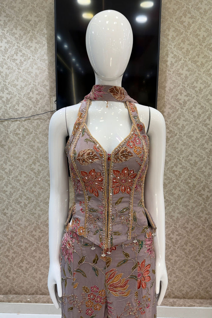 Lilac Halter Neck Palazzo Set with Zardozi, Zari, Beads, Sequins, Stone and Mirror Detailing