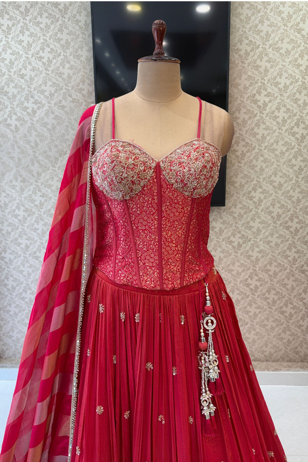 Rani Pink Brocade, Beads, Zardozi and Sequins work Corset Top with Lehenga