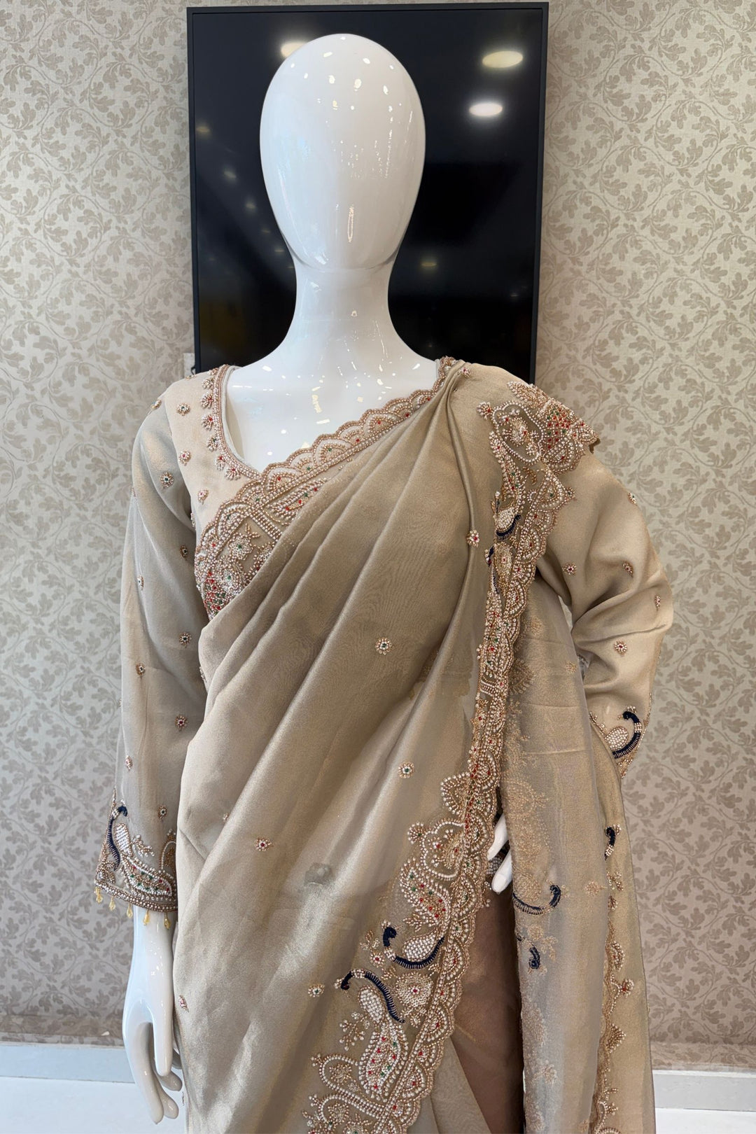 Grey Beads, Sequins and Pearl work Saree