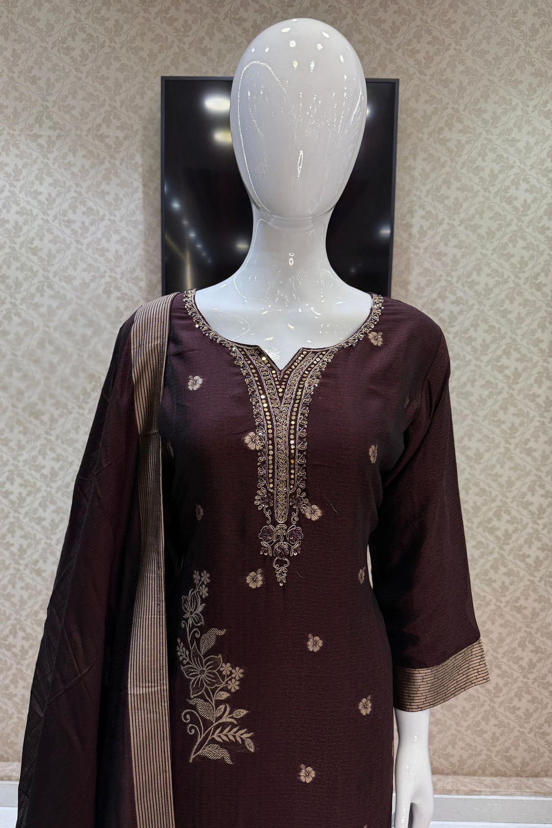 Brown Zardozi, Sequins, Beads and Banaras work Straight Cut Salwar Suit