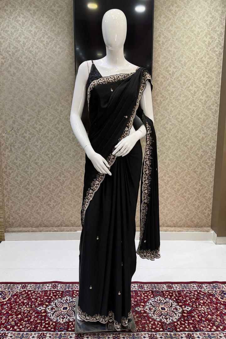 Black Satin Saree Featuring Exquisite Stone, Bead, Zardozi and Sequins