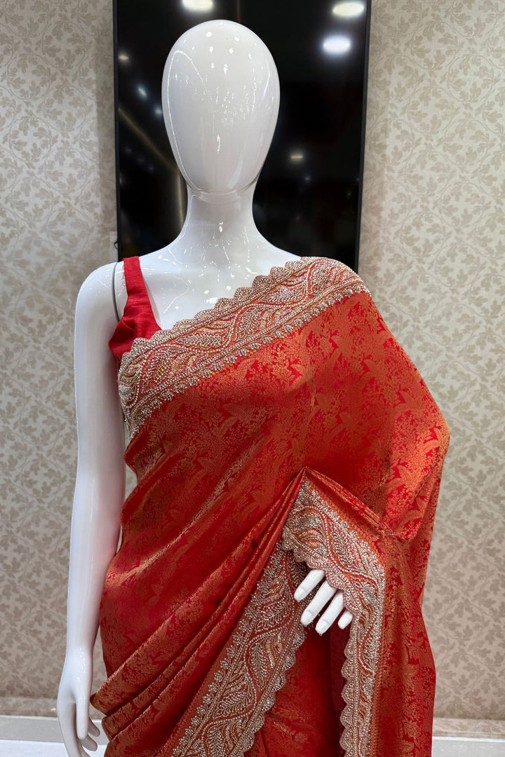 Crimson Red Banaras Silk Saree Featuring Intricate Beads, Sequins and Zari Cutwork Border