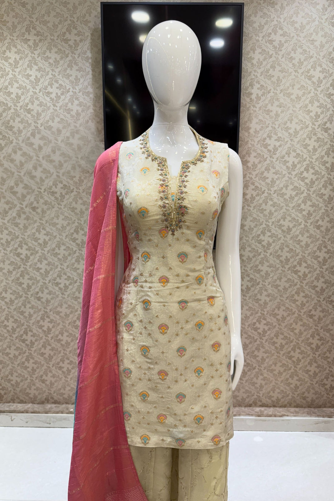 Beige Multicolor Embroidery, Zari, Zardozi and Sequins work Palazzo Salwar Suit