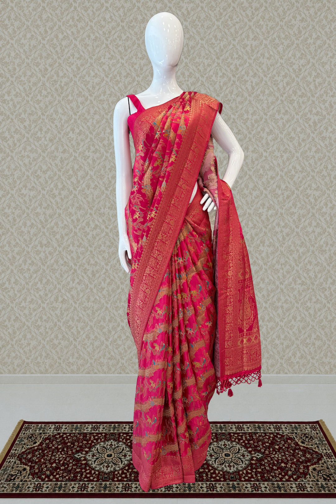 Rani Pink Saree Featuring Heritage Wildlife and Floral Banaras