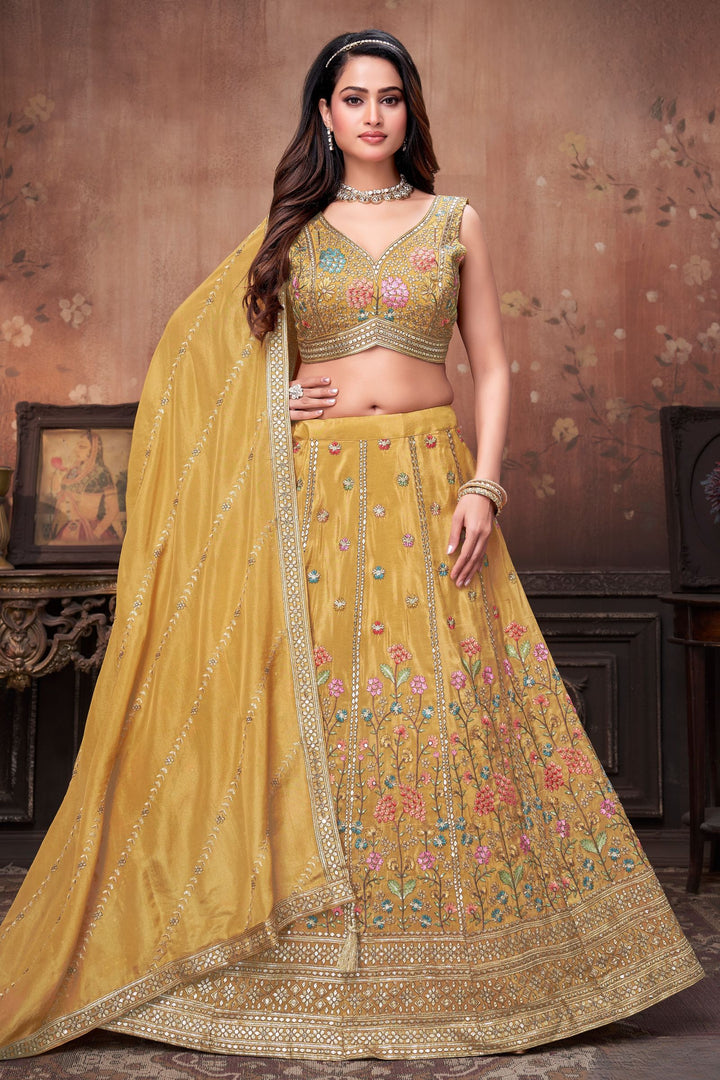 Mustard Multicolor Embroidery, Zari and Sequins work Crop Top Lehenga