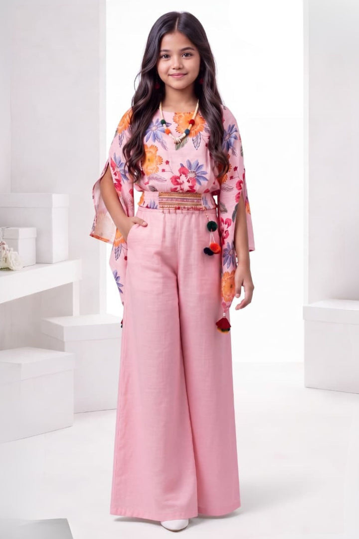 Pink Beads work with Floral Print Palazzo Set for Girls