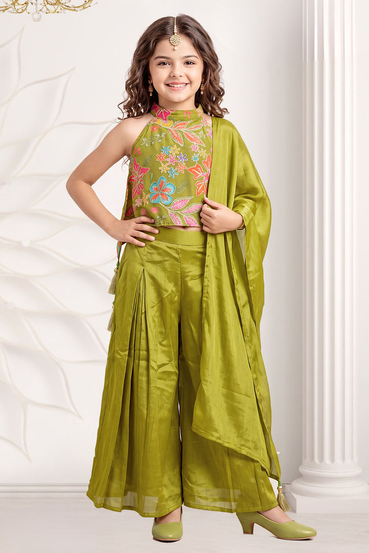 Green Girls Palazzo Set with Digital Print, Zari and Sequins work Halter Top