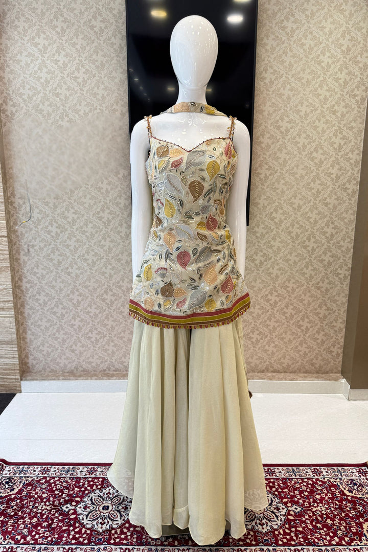 Cream Set Featuring All-Over Multicolour Thread and Bead Leaf Embroidery