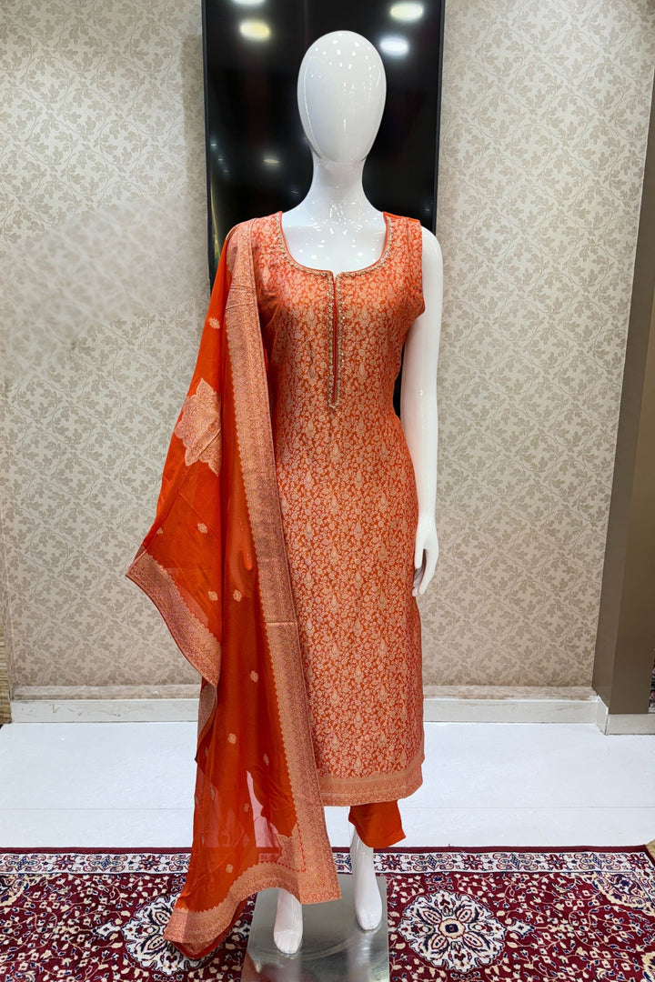 Orange Zardozi, Stone, Thread and Brocade work Straight Cut Salwar Suit