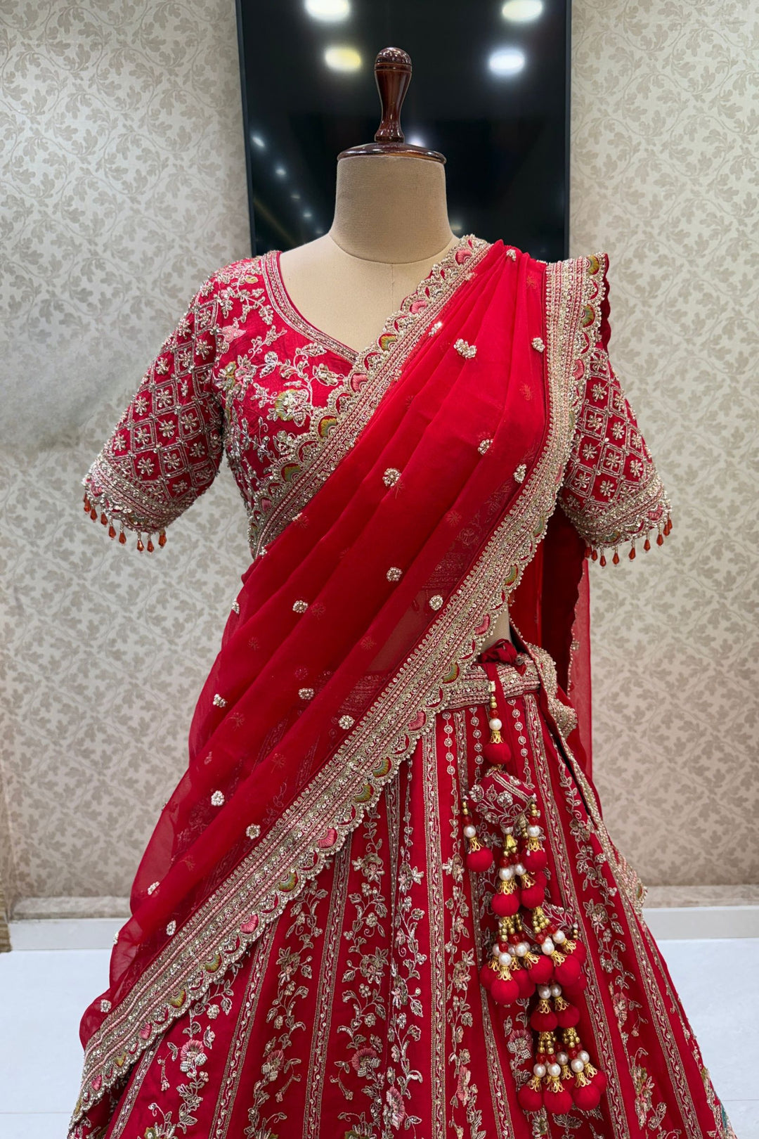 Red Handcrafted Bridal Lehenga with Intricate Zardozi, Sequins, Pearl and Zari Detailing