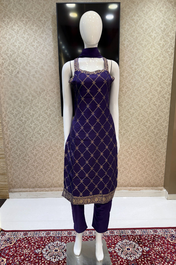 Purple Banaras, Mirror, Zardozi, Zari and Stone work Straight Cut Salwar Suit