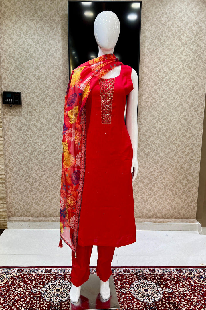 Red Mirror, Stone, Thread and Zari work Straight Cut Salwar Suit with Floral Print Dupatta