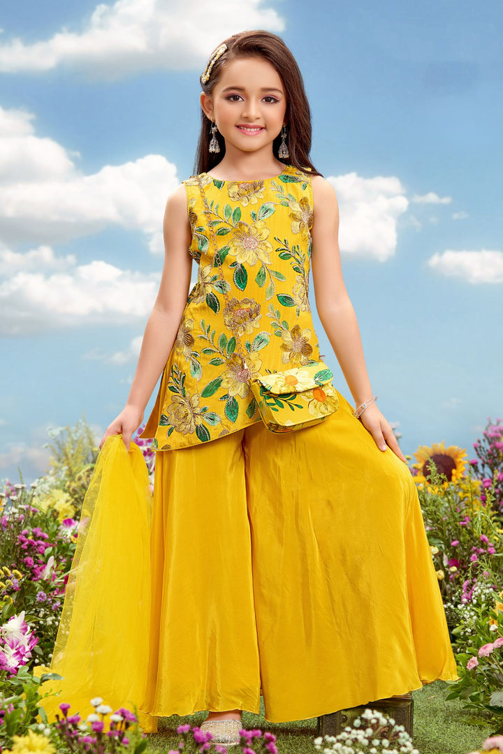 Yellow Beads and Zari work with Floral Print Palazzo Set For Girls