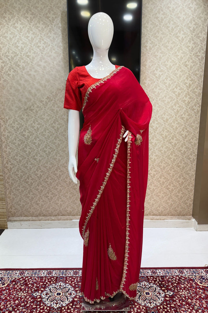 Red Mirror, Pearl, Zardozi, Stone and Beads work Saree