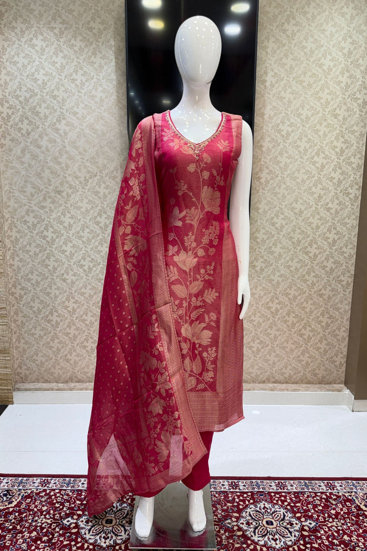 Rani Pink Brocade, Zardozi, Beads, Thread, Stone and Zari work Straight Cut Salwar Suit