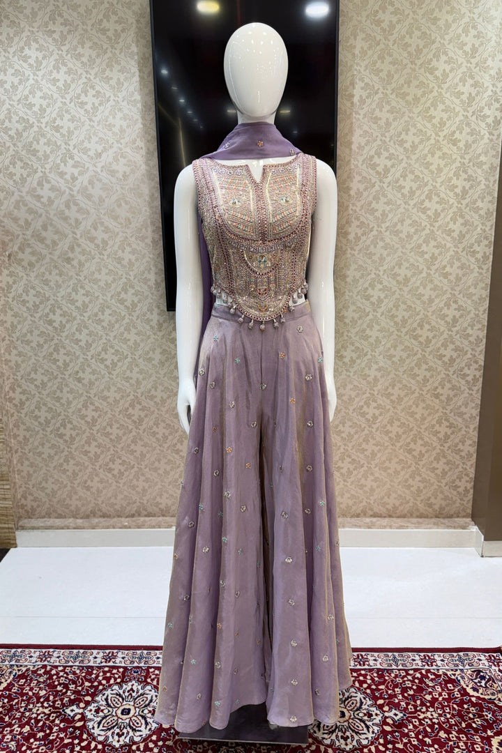 Lavender Zari, Sequins and Multicolor Thread work Palazzo Suit Set