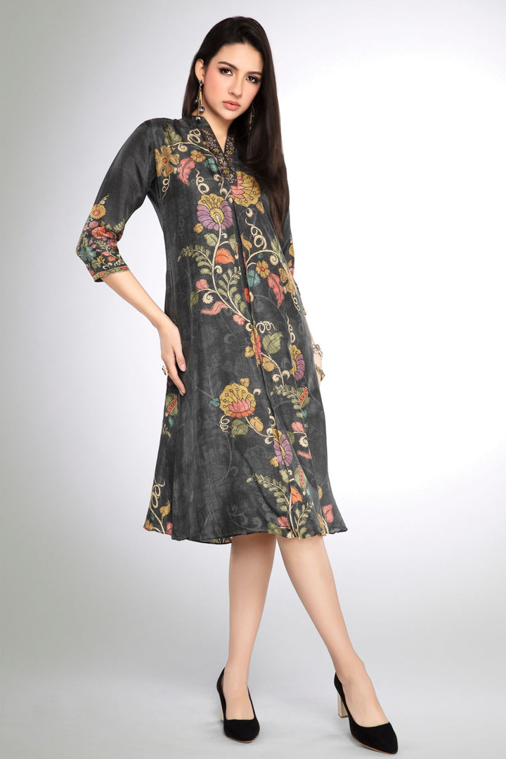 Elephant Grey Zardozi, Beads and Stone work with Floral Print A-line Cut Calf Length Kurti