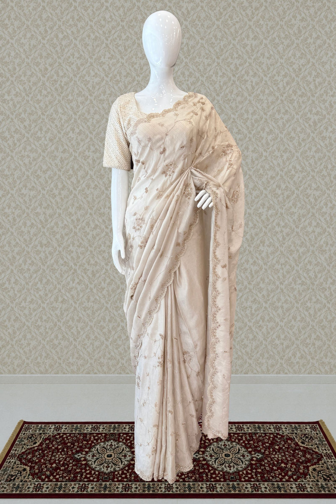 Beige Party Wear Saree with Sequins, Beads Border and Floral Motif Embroidery