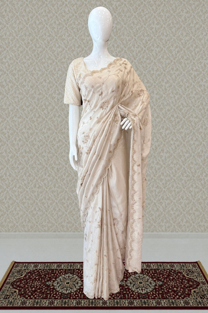 Beige Party Wear Saree with Sequins, Beads Border and Floral Motif Embroidery
