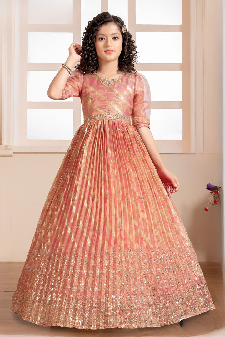 Peach Zari, Sequins, Stone and Beads work Long Party Gown for Girls