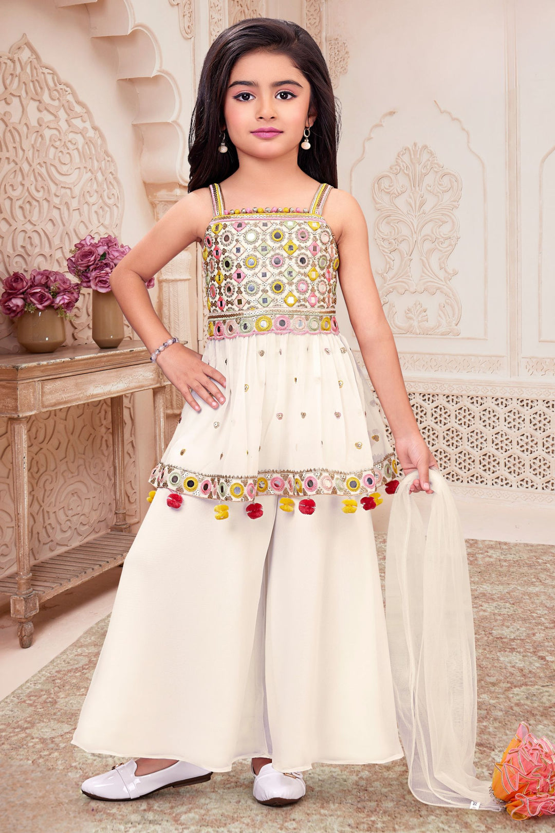 Cream Sequins, Zari and Multicolor Thread work Peplum Styled Palazzo Suit Set for Girls