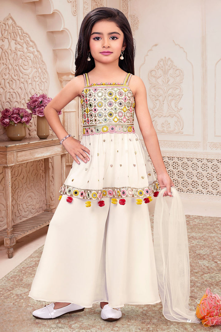 Cream Sequins, Zari and Multicolor Thread work Peplum Styled Palazzo Suit Set for Girls