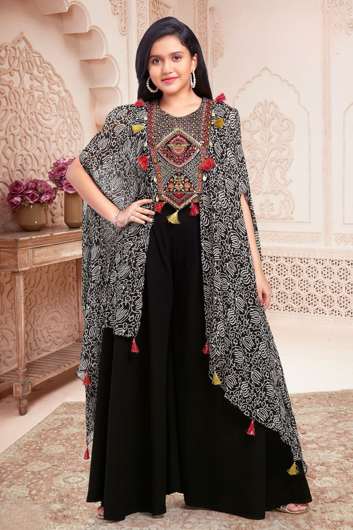 Black Multicolor Embroidery and Mirror work with Kaftan Styled Top and Palazzo Set for Girls