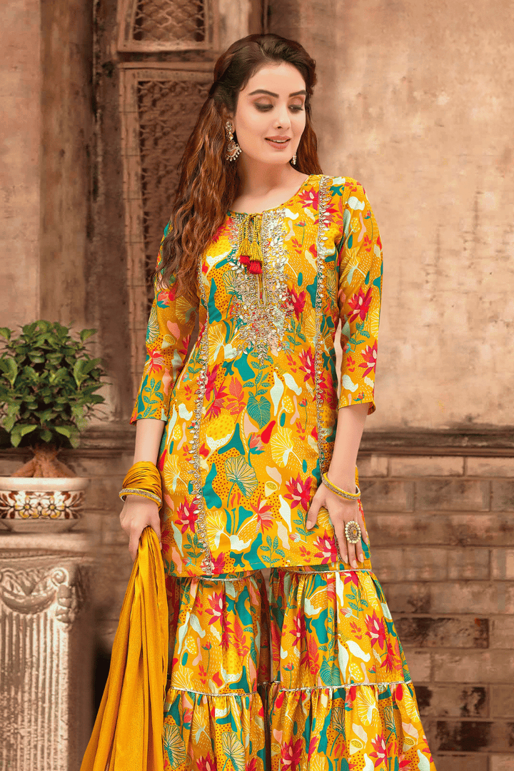 Mustard Multicolor Digital Print, Sequins, Zardozi and Zari work Sharara Salwar Suit - Seasons Chennai