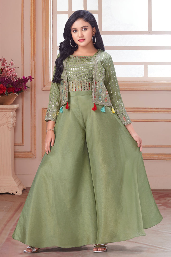 Pista Green Thread, Sequins and Mirror work Overcoat Styled Palazzo Set For Girls