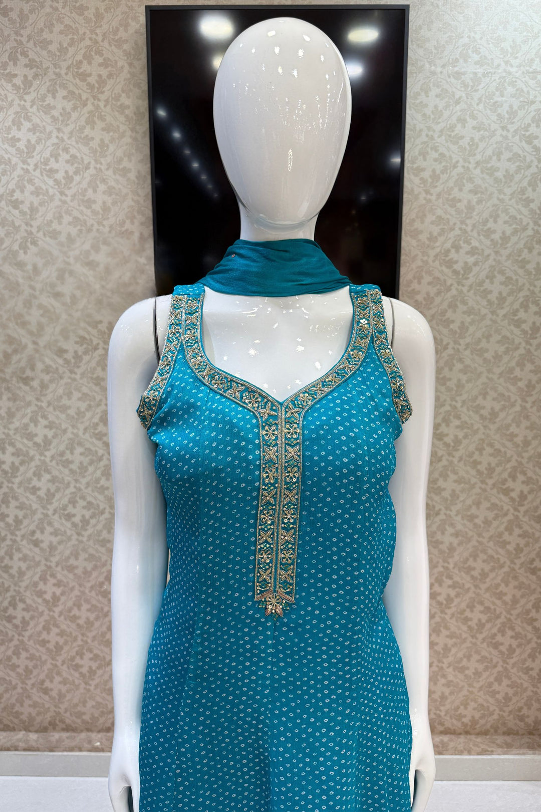 Rama Blue with Bandini Print Anarkali Style Salwar Suit with Palazzo Pant