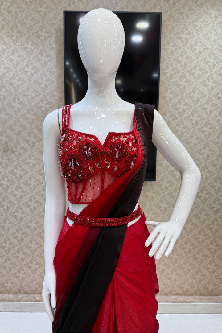 Red with Black Readymade Saree with Beads and Sequins work Readymade Blouse