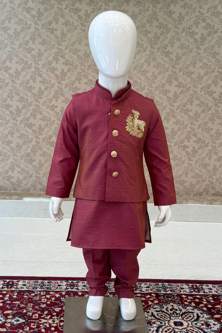 Onion Pink Zardozi work Waist Coat Kurta Set for Boys