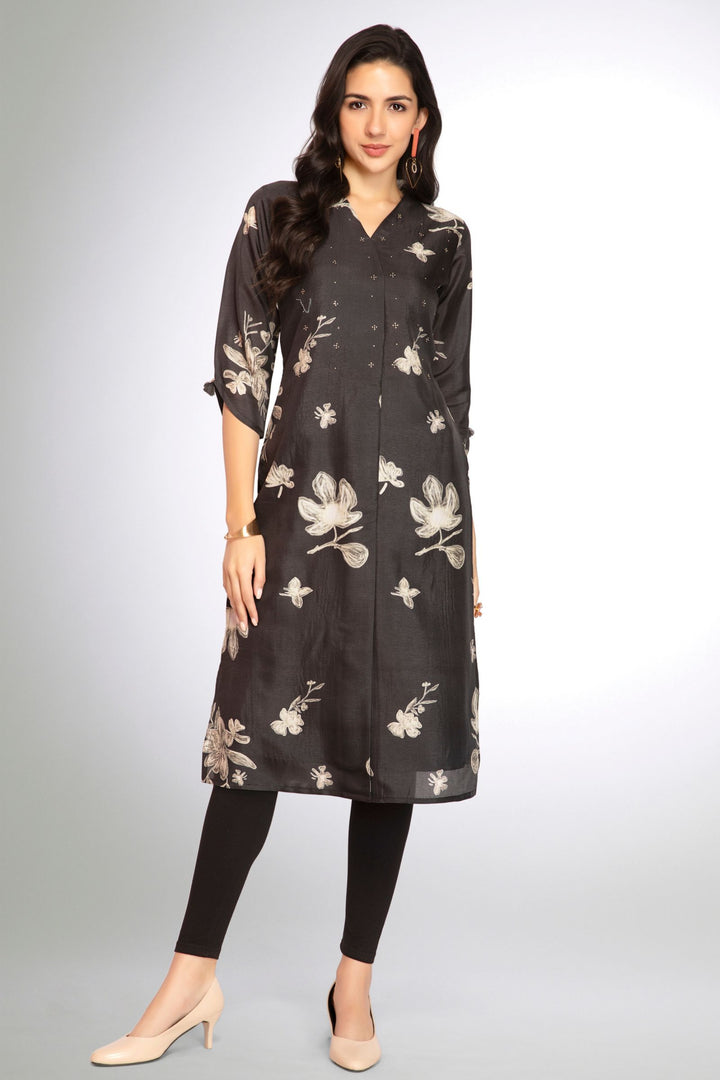 Black Stone work with Floral Print Calf Length Kurti