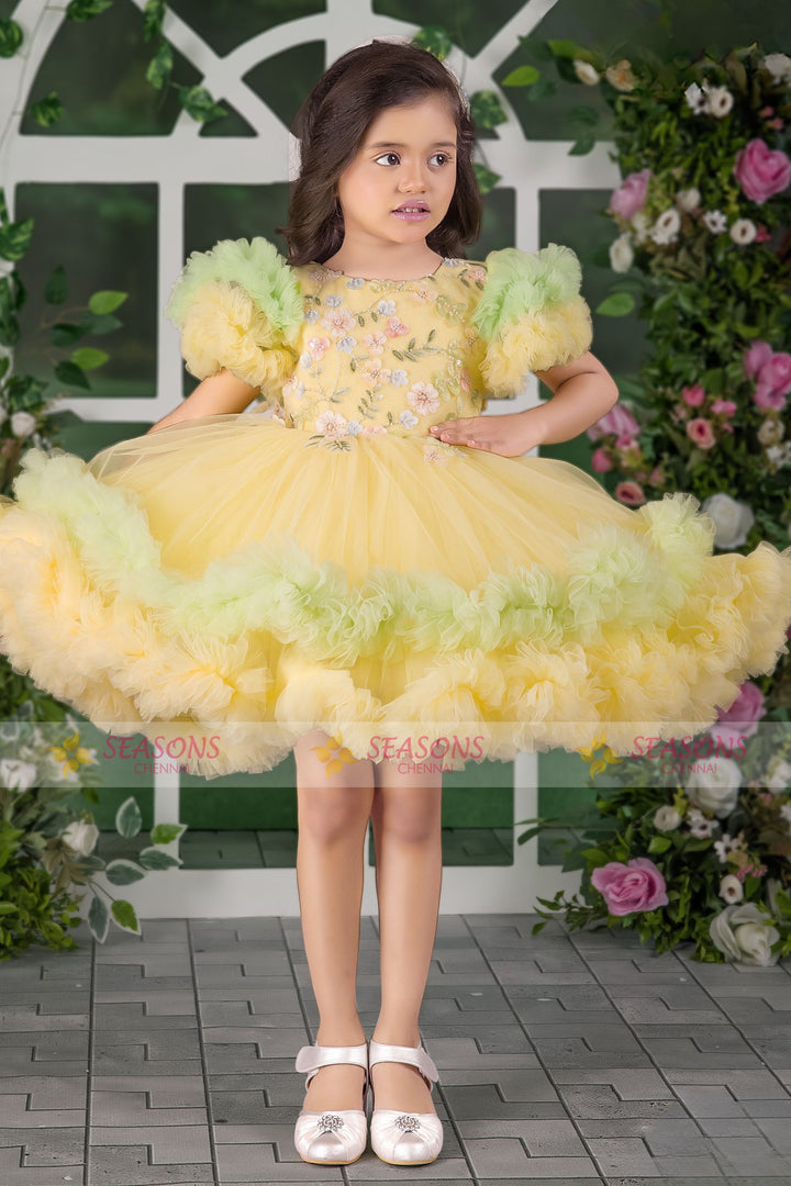 Yellow with Green Beads work Short Partywear Frock for Girls