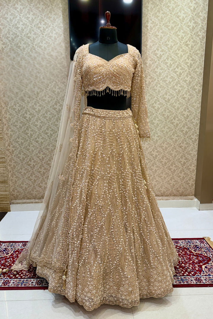 Beige Bridal Lehenga with Intricate Beads, Pearl and Sequins Work
