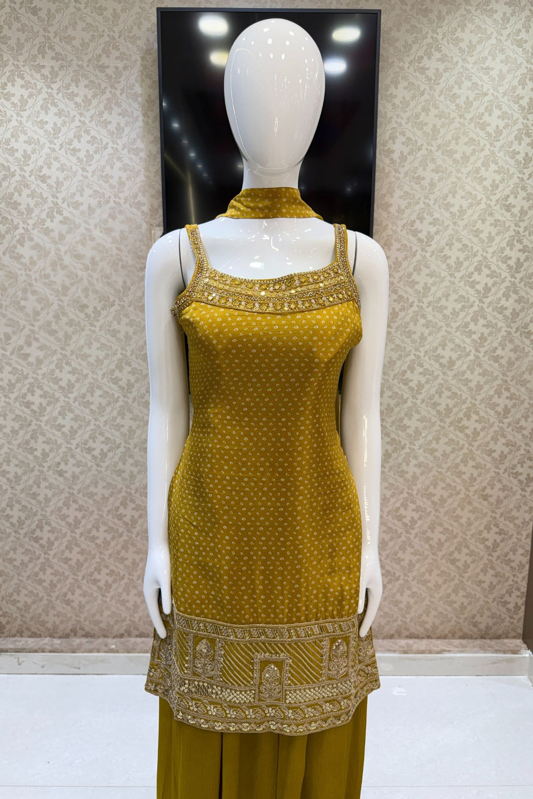 Mustard Sequins, Beads, Stone and Zari work with Bandini Print Palazzo Salwar Suit