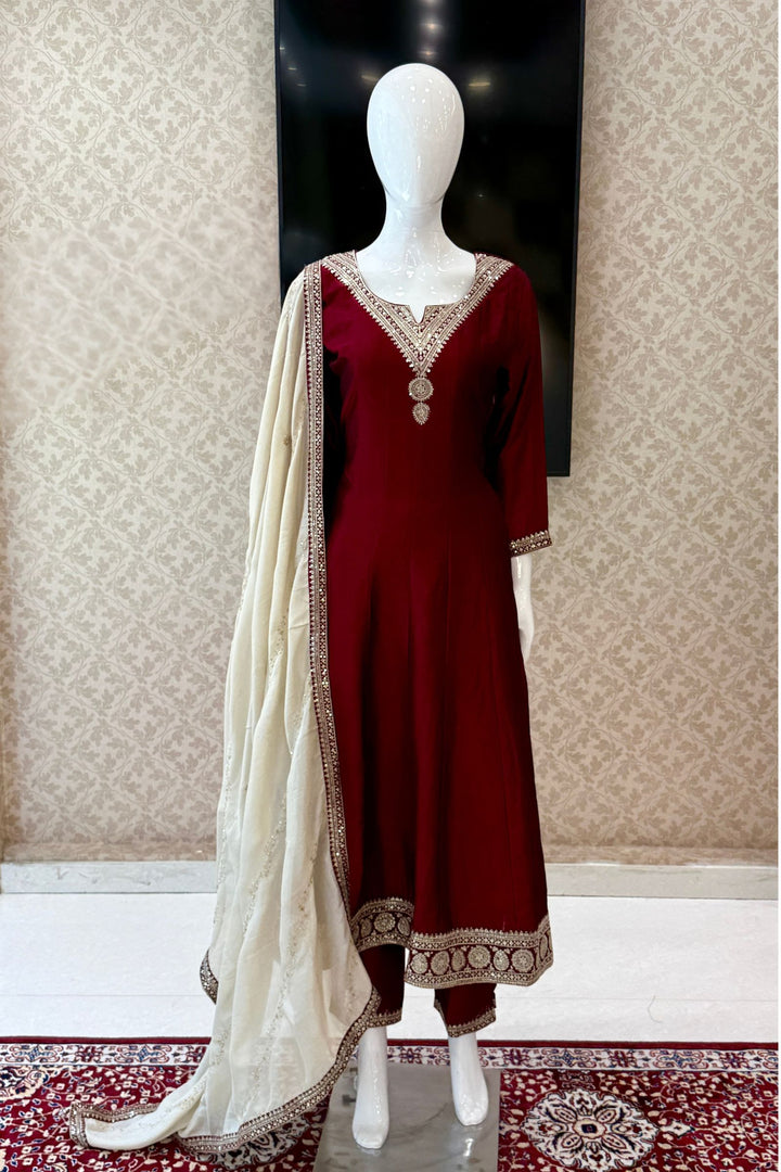 Maroon Sequins and Zari work A-line Cut Salwar Suit