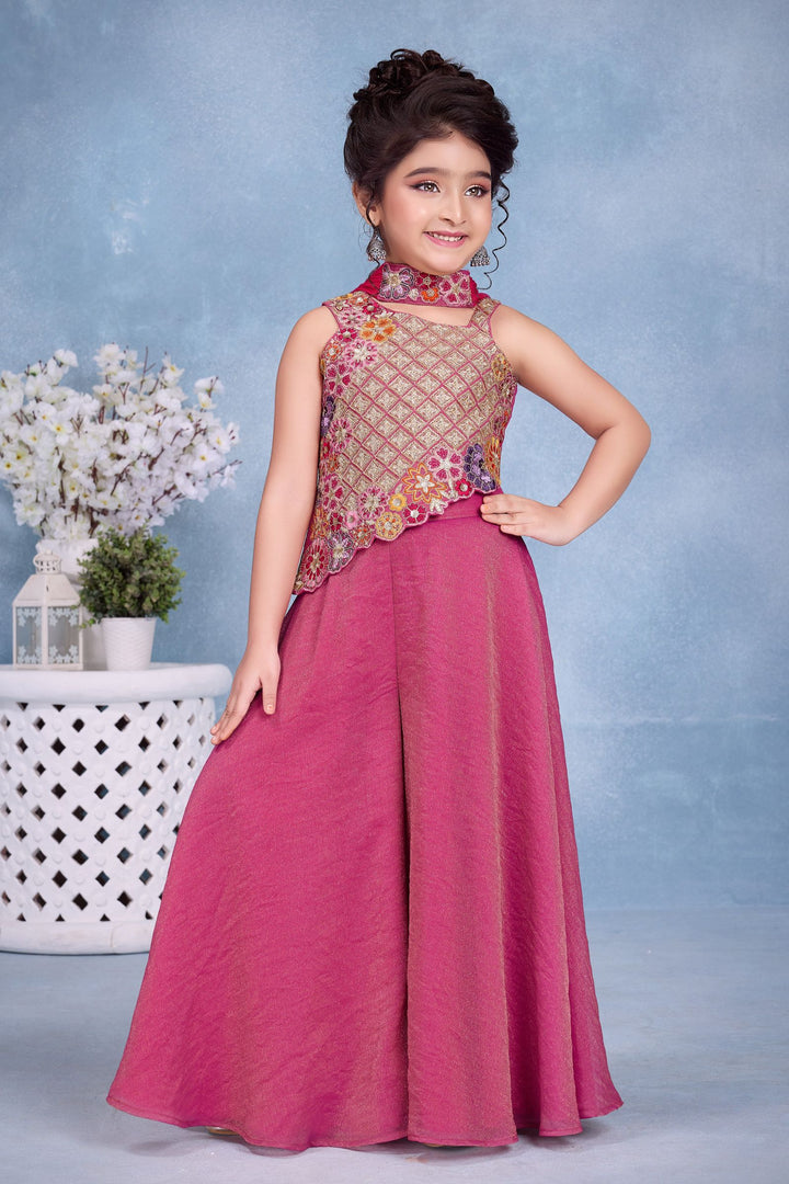 Tomato Red Multicolor Embroidery, Sequins, Zari and Beads work Palazzo Suit Set for Girls