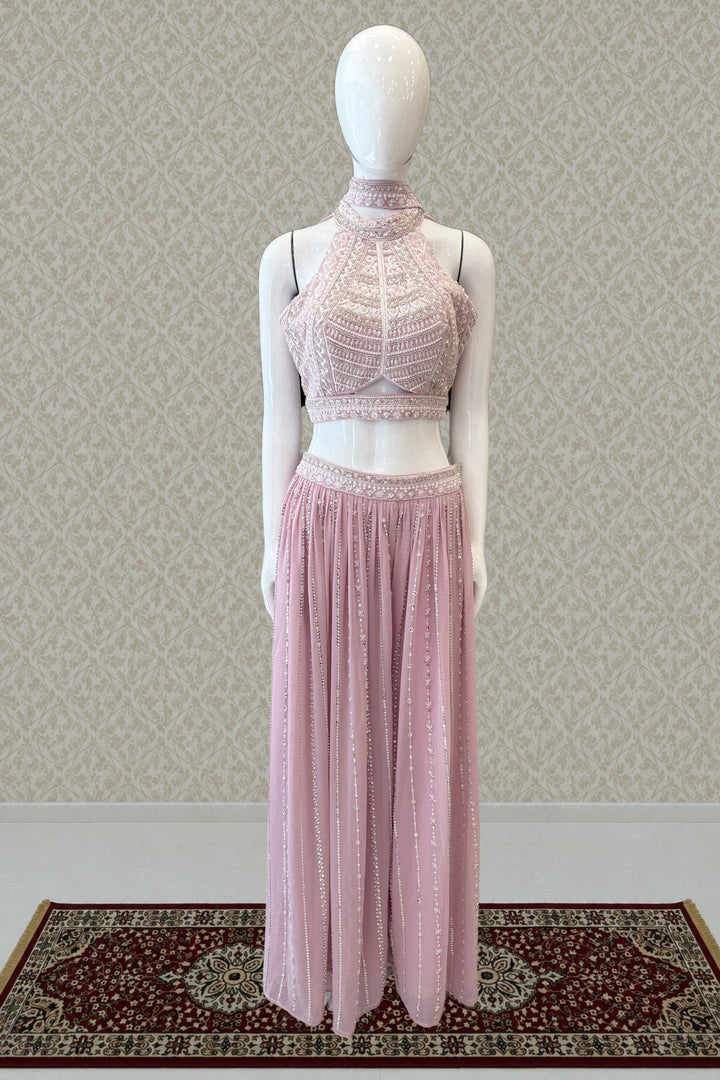 Light Pink Beads, Sequins and Thread work Halter Neck Palazzo Set