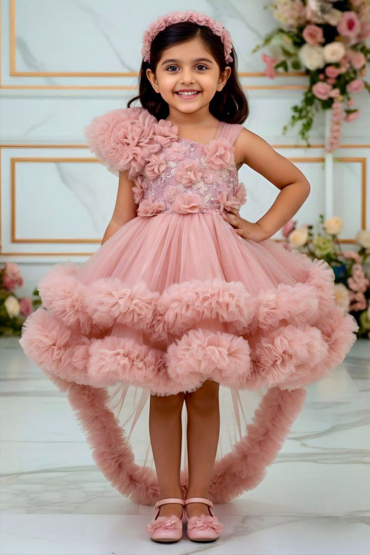 Onion Pink Beads, Sequins and Zari Thread work Tail Cut Double Layered Partywear Frock for Girls